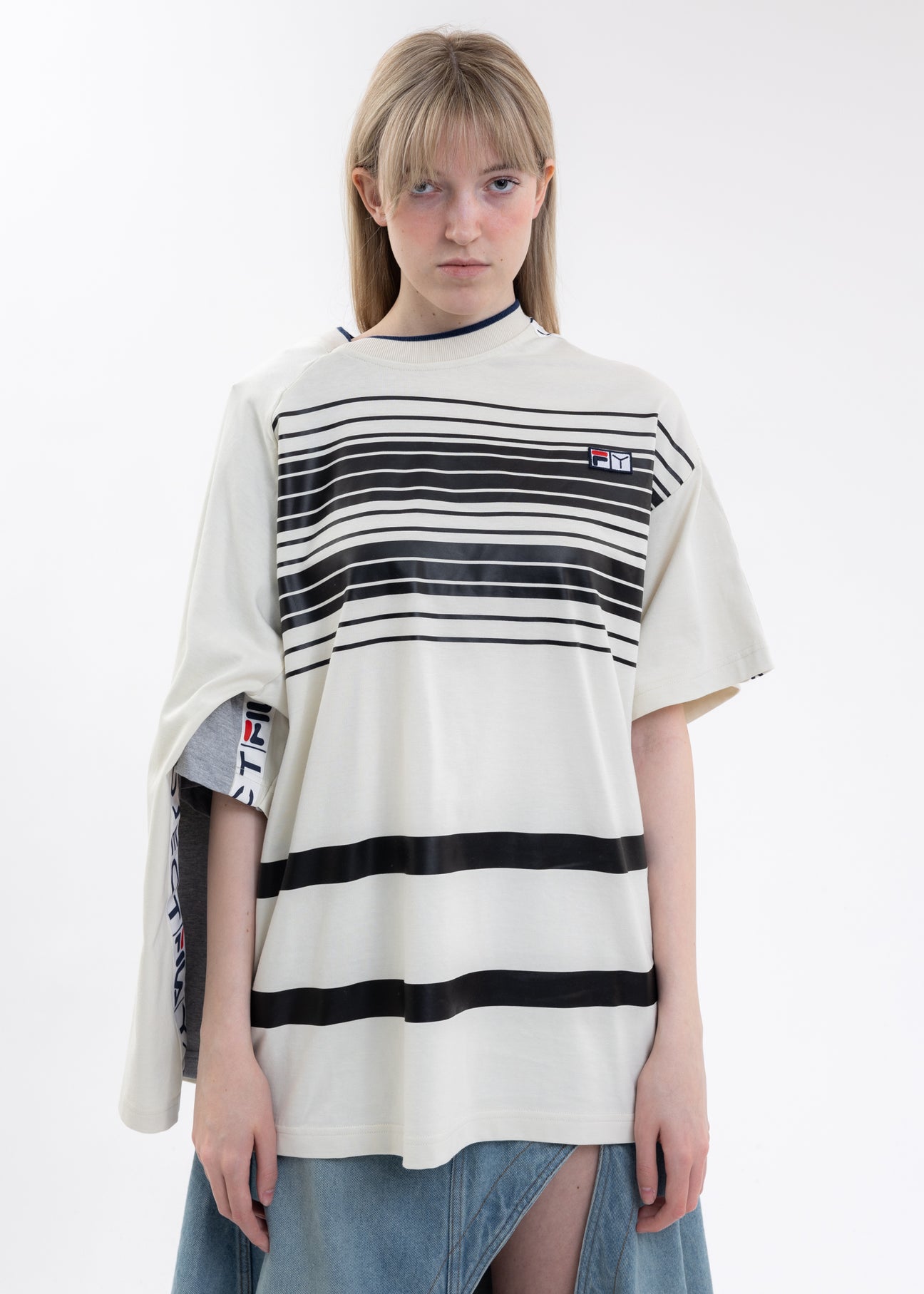 Grey And Ecru Y/PROJECT X FILA REVERSIBLE STRIPE T-Shirt – 017 Shop