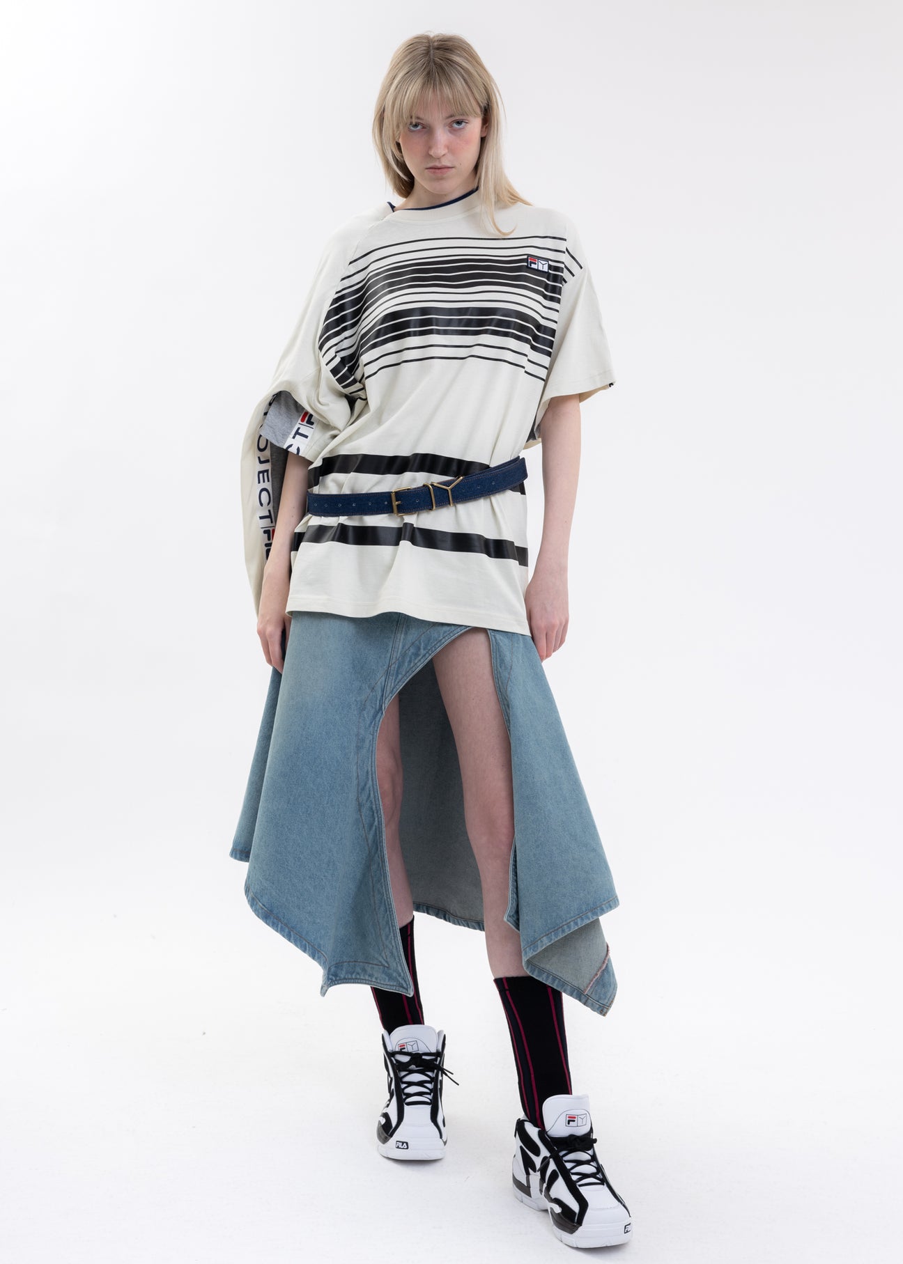 Grey And Ecru Y/PROJECT X FILA REVERSIBLE STRIPE T-Shirt