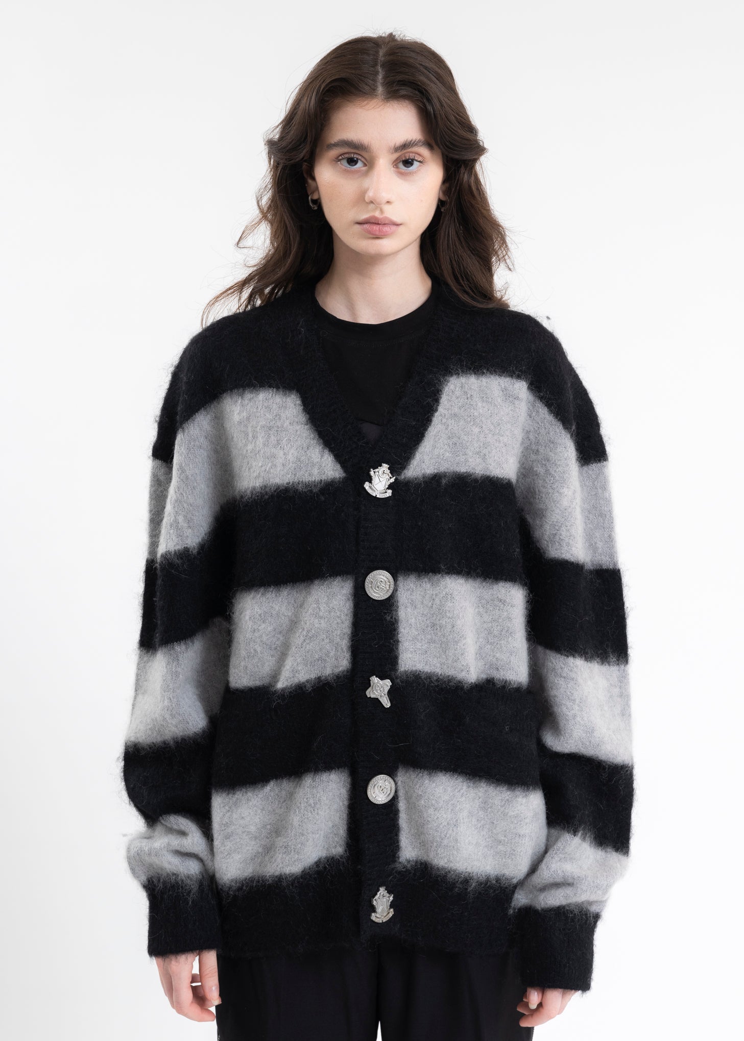 GRAY AND BLACK “SYC” WIDE STRIPE CARDIGAN – 017 Shop