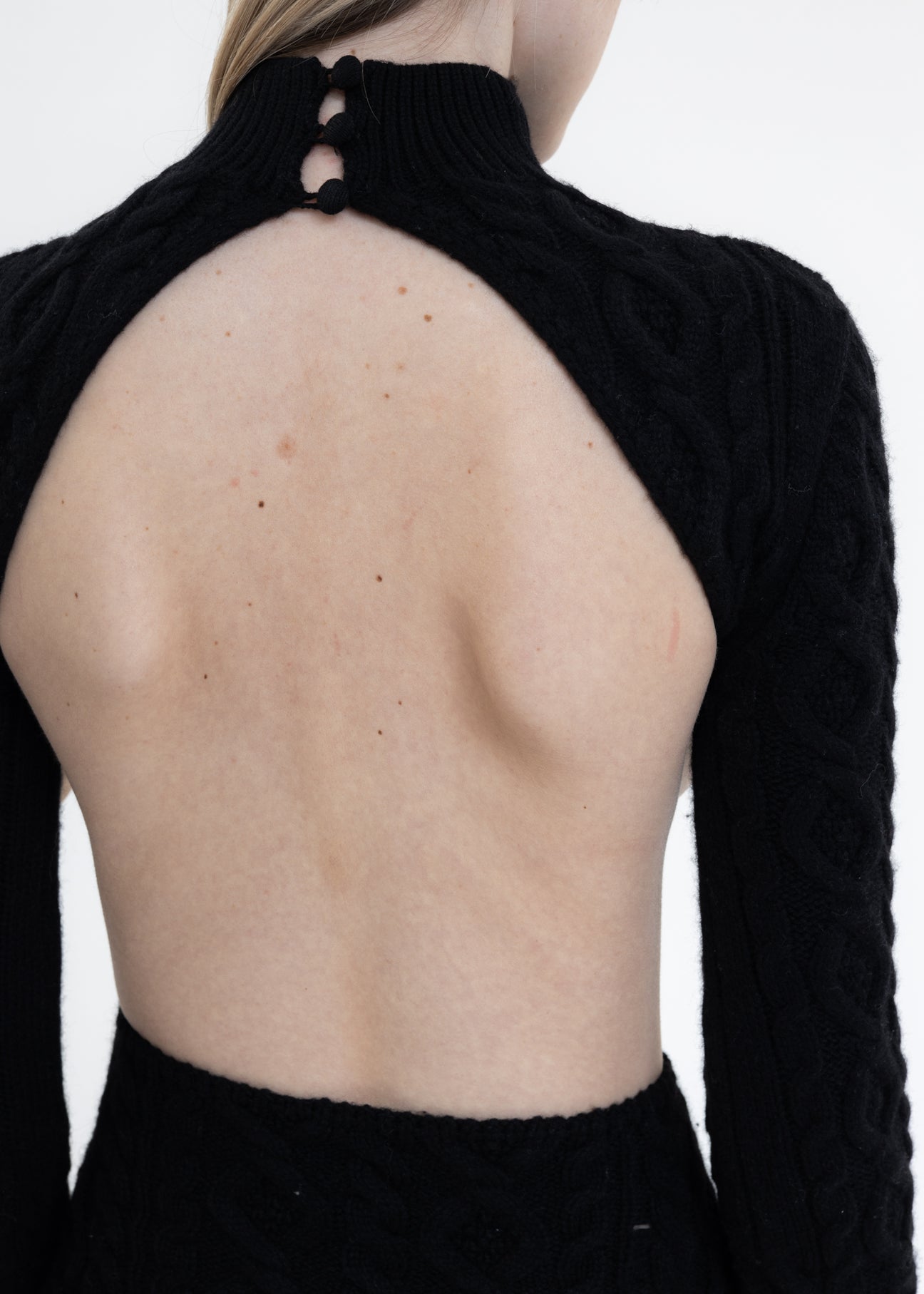Black Cable Knit Backless Turtleneck Dress  017 Shop
