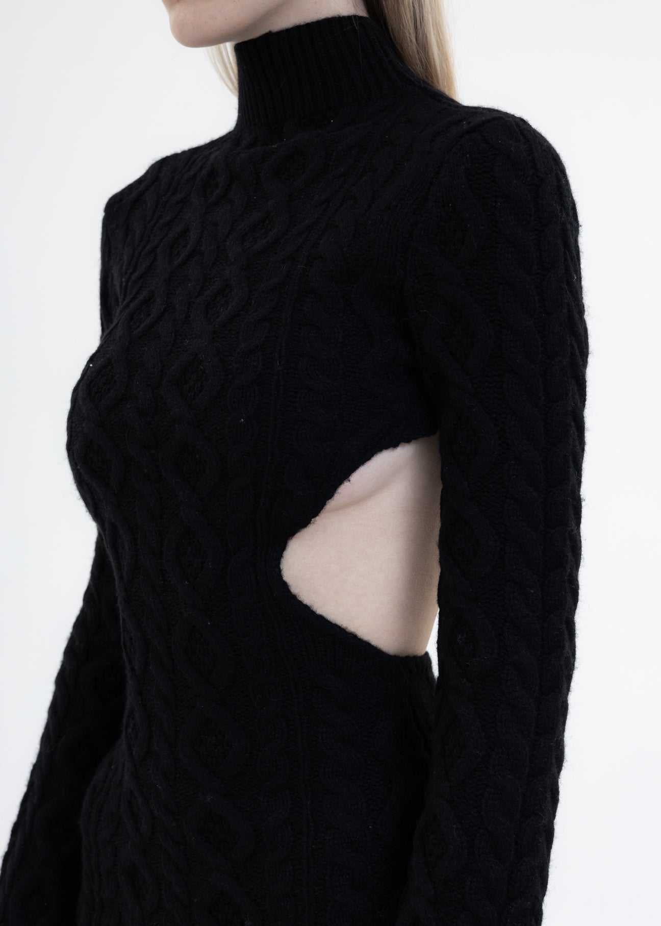 Black Cable Knit Backless Turtleneck Dress – 017 Shop