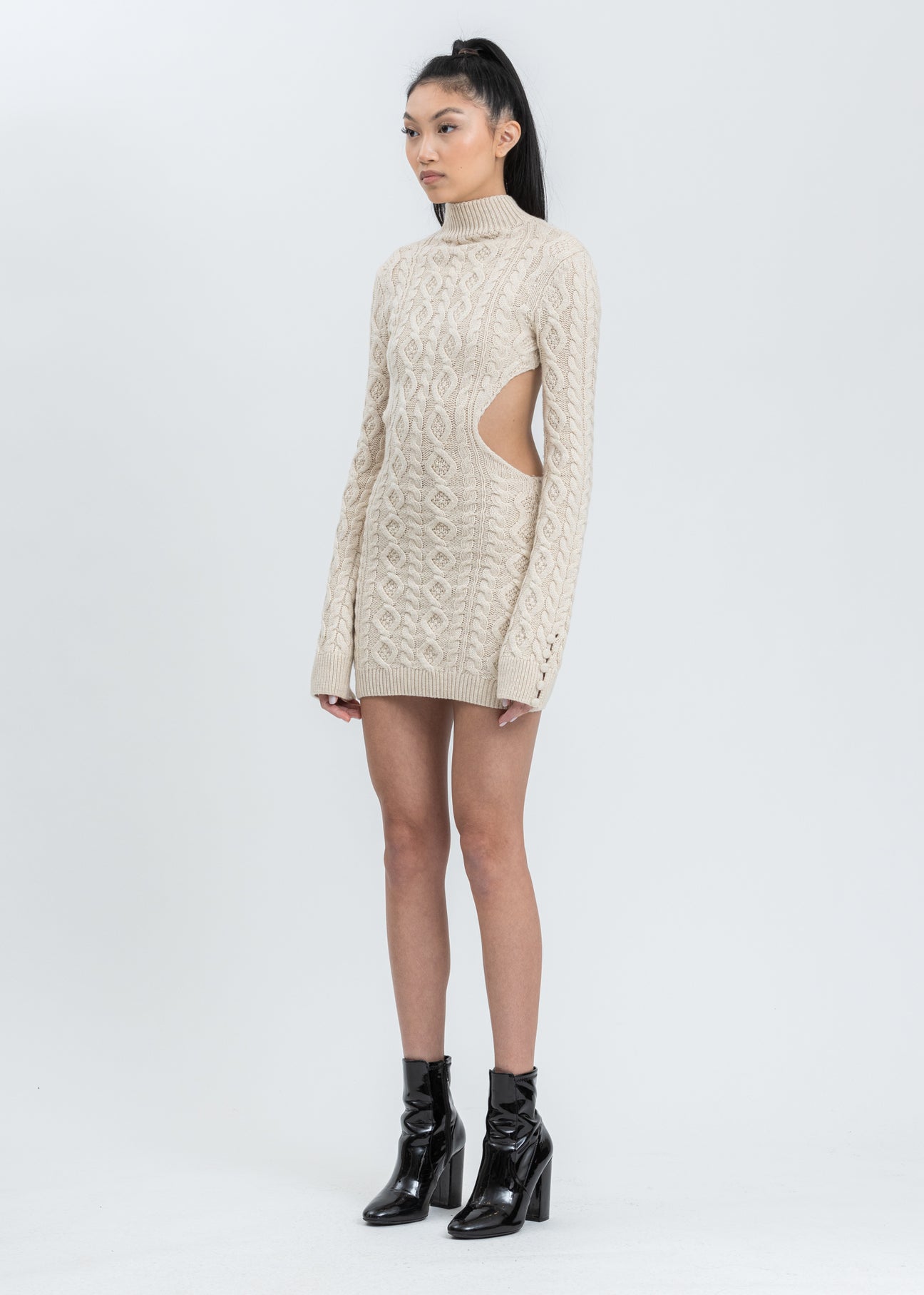 knitted slit dress Notched Neck Cable-Knit Slit Sweater Dress – The Gypsy Den