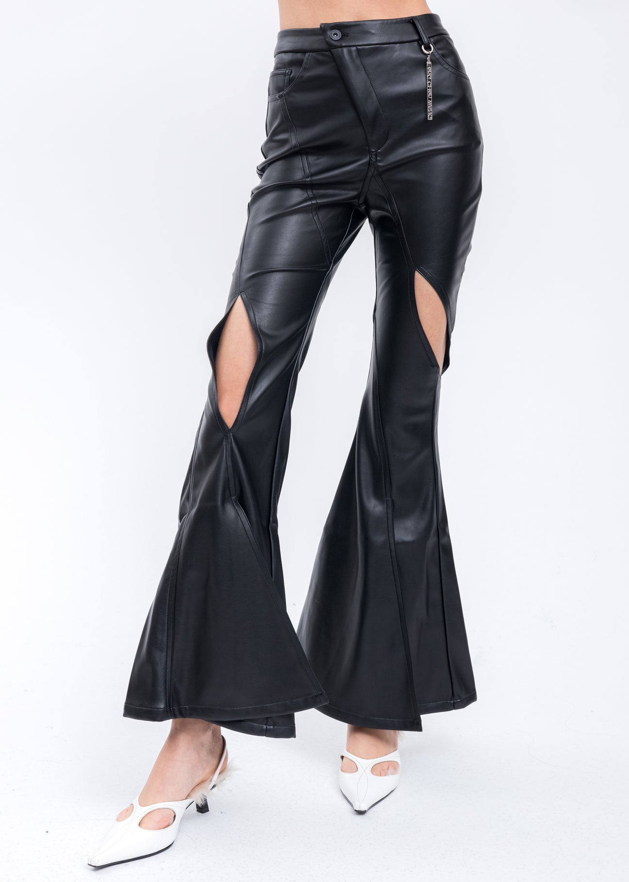 Black Faux Leather Flared Trousers 017 Shop