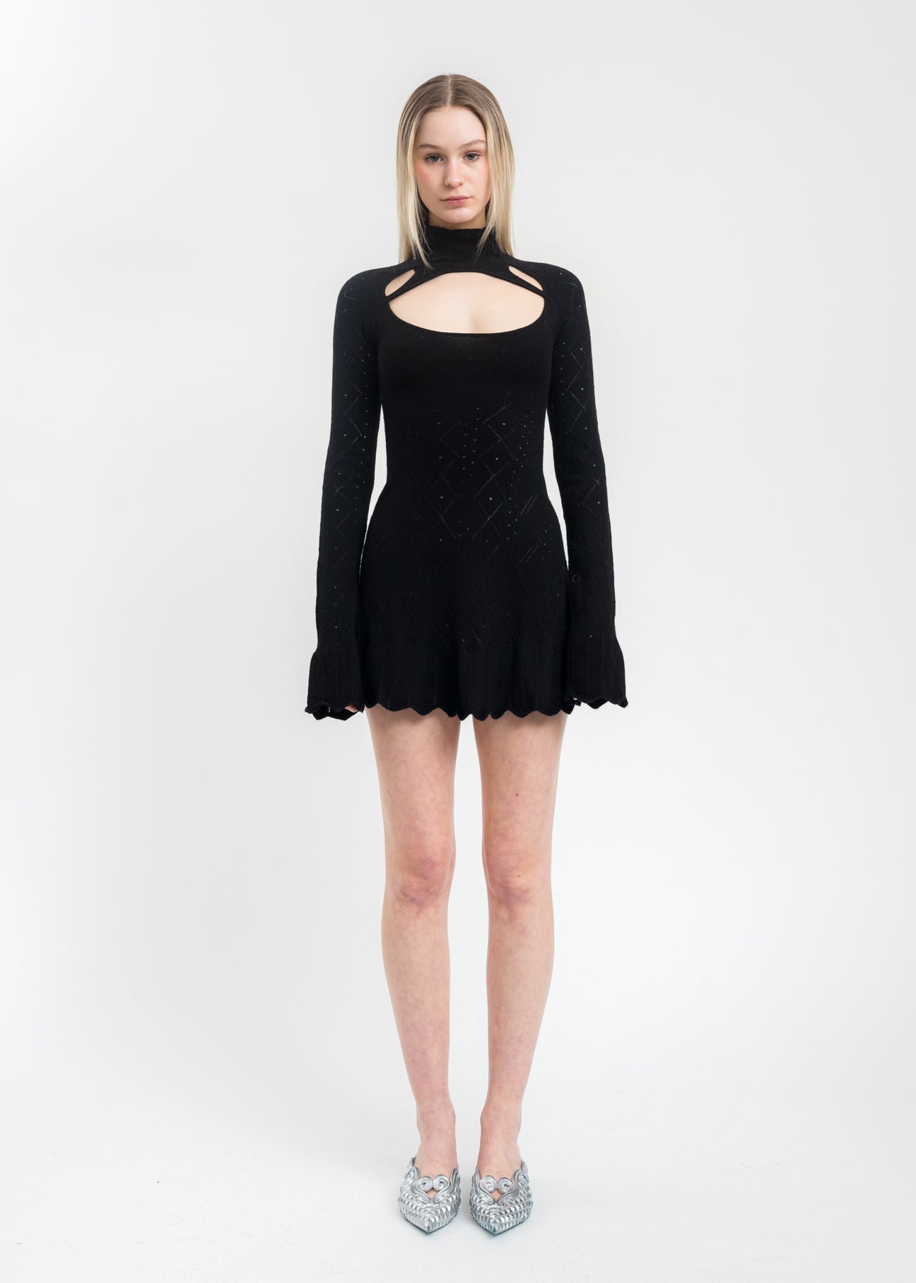 Black Pointelle Knit Turtleneck Dress  017 Shop
