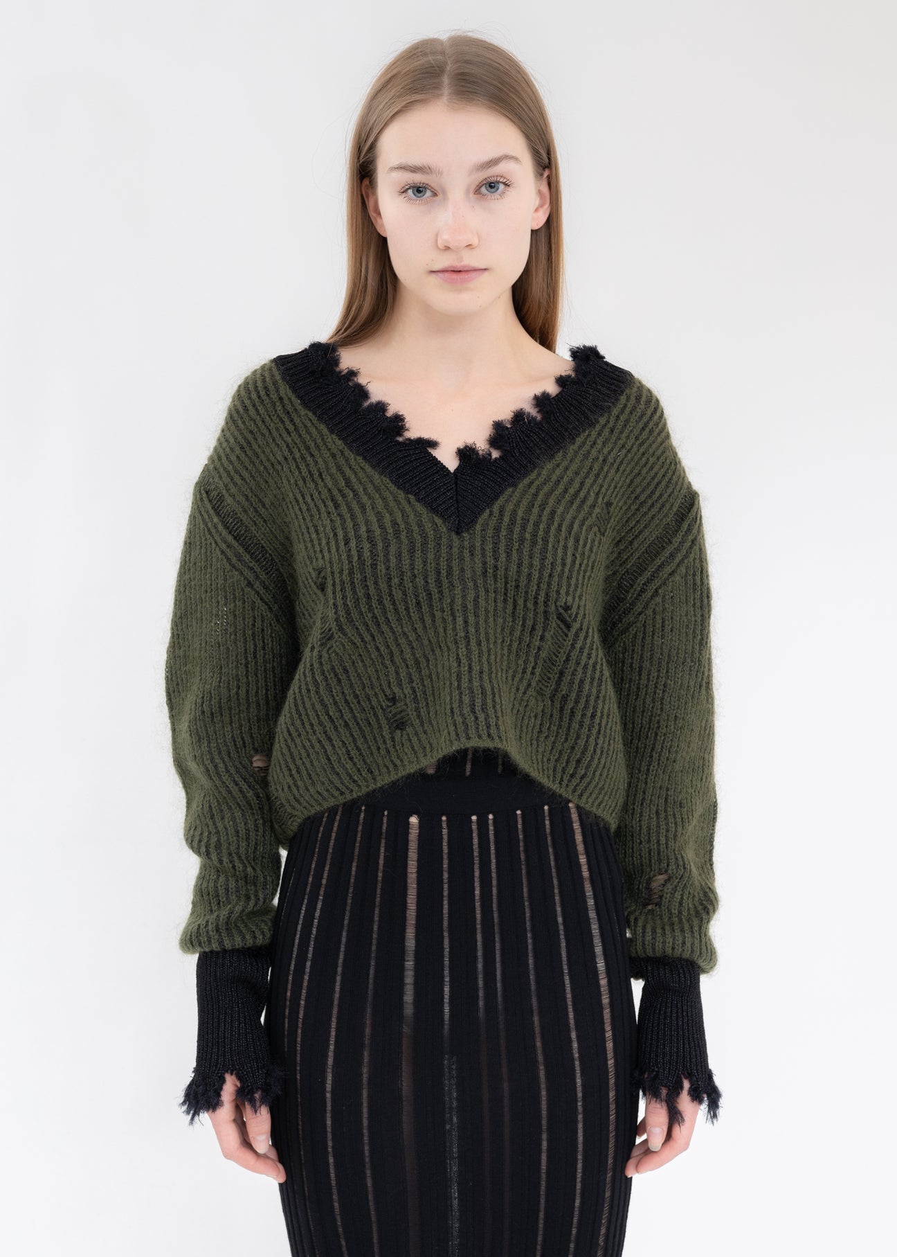 Green And Black Mohair V Neck Sweater