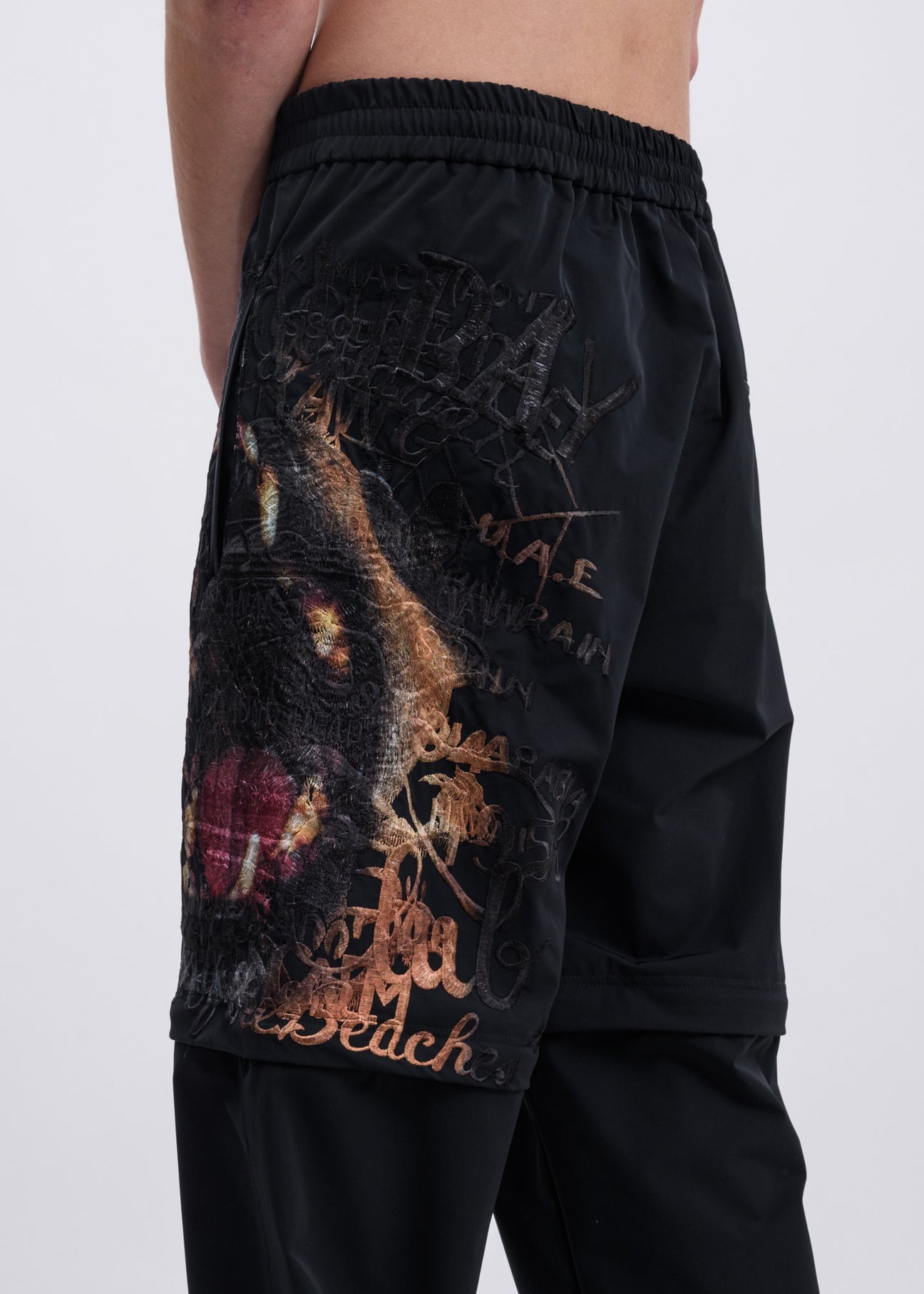 Black Printed Chaos Embroidery Two Way Pants – 017 Shop