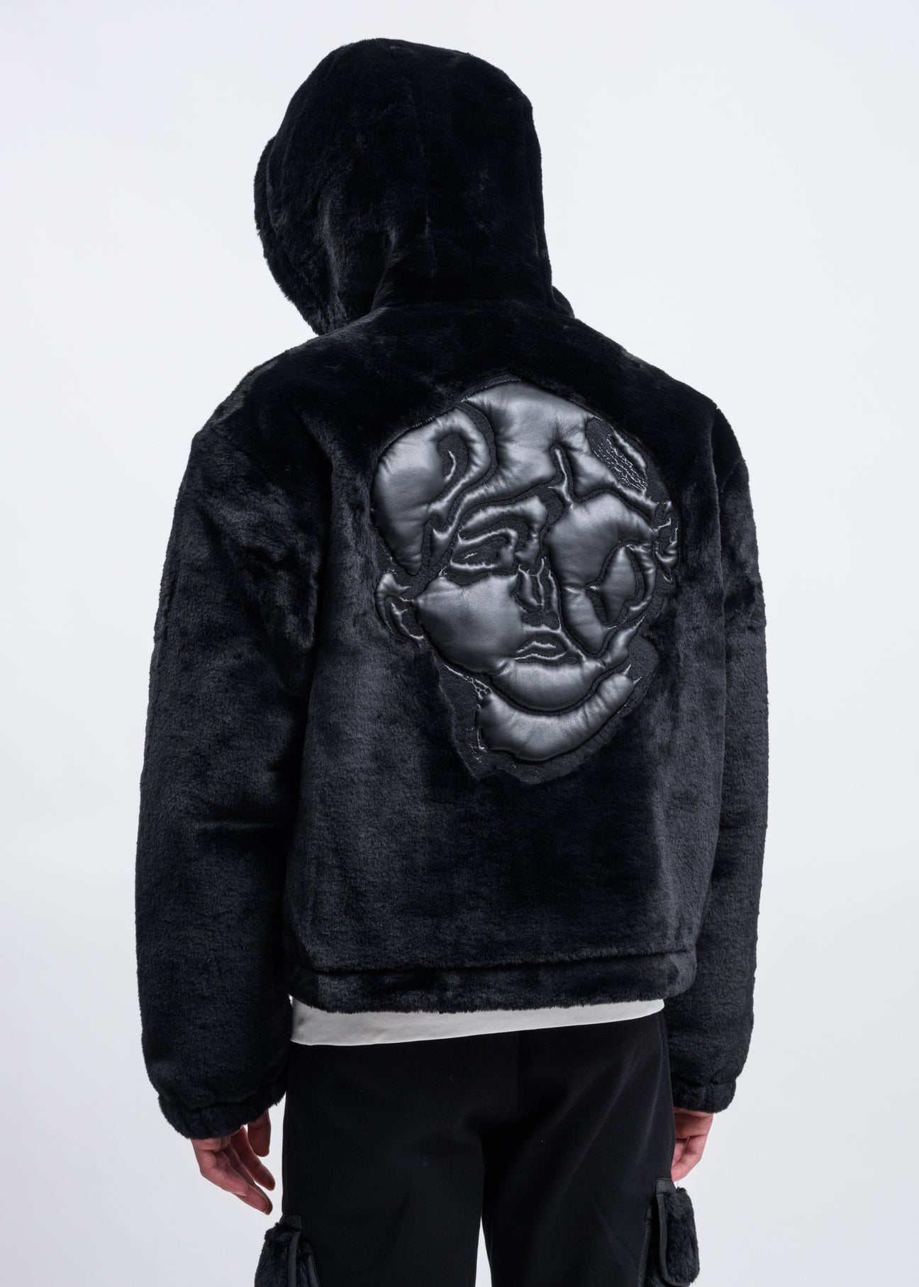 Black Faux Fur Zip-Up Embroidered Hoodie – 017 Shop