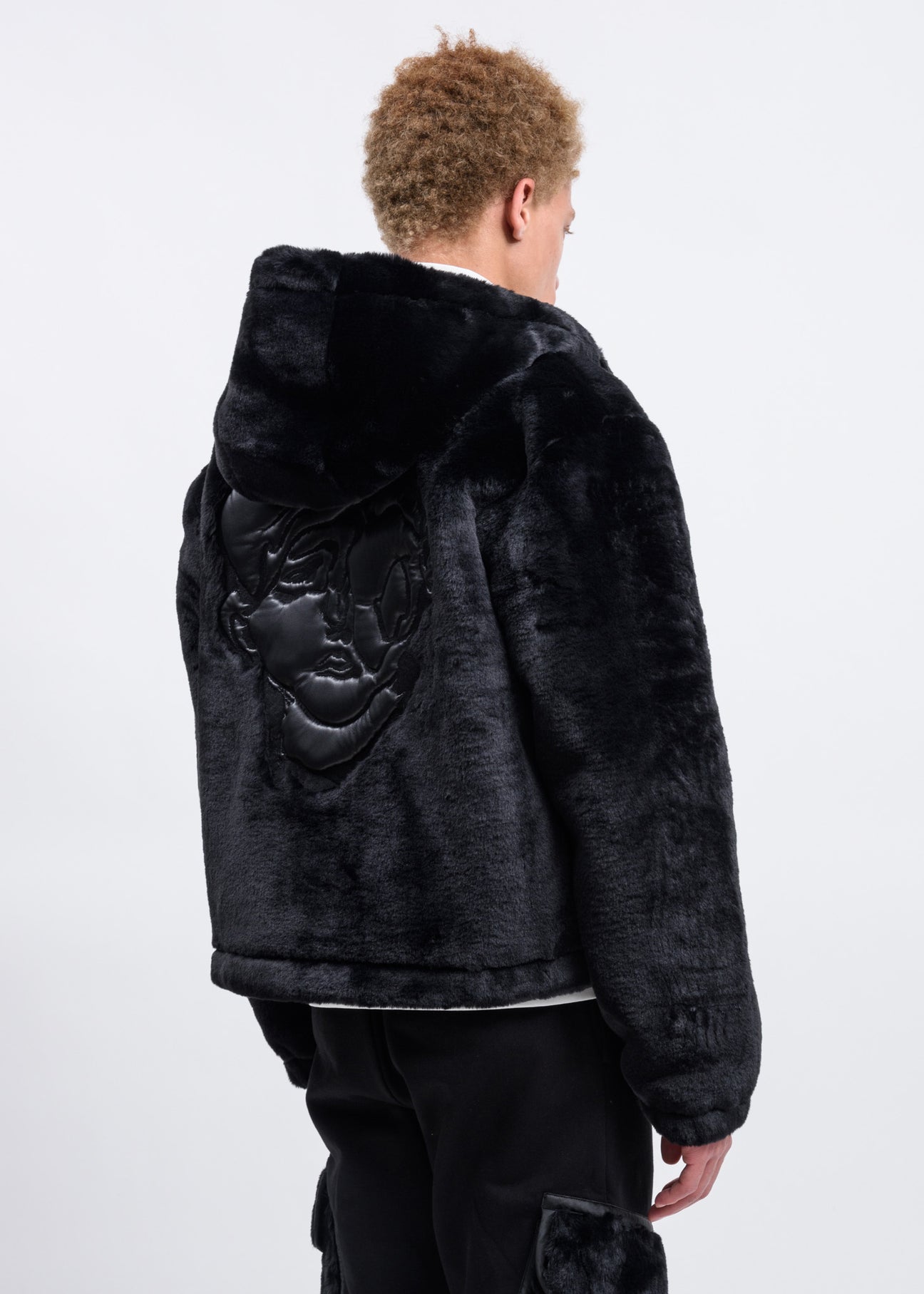 Black Faux Fur Zip Up Embroidered Hoodie 017 Shop