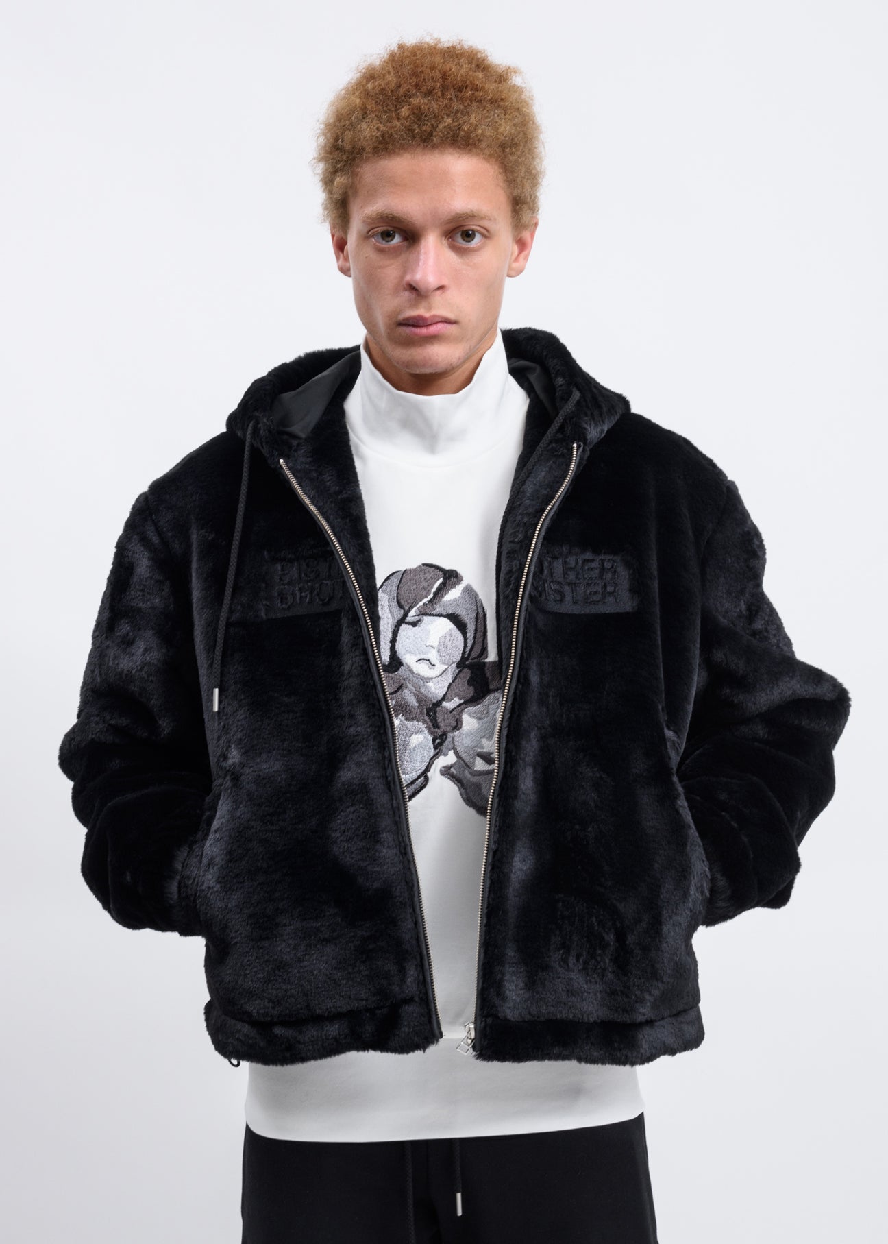 Black faux fur zip up hoodie sales