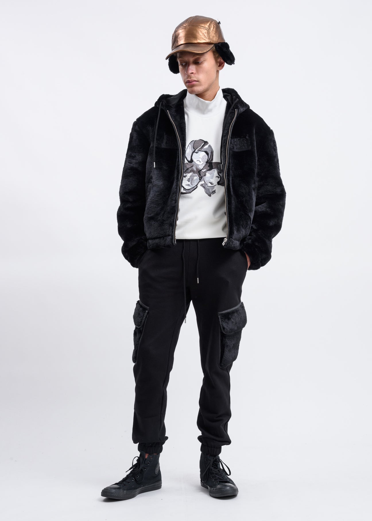 Black faux fur zip up hoodie online