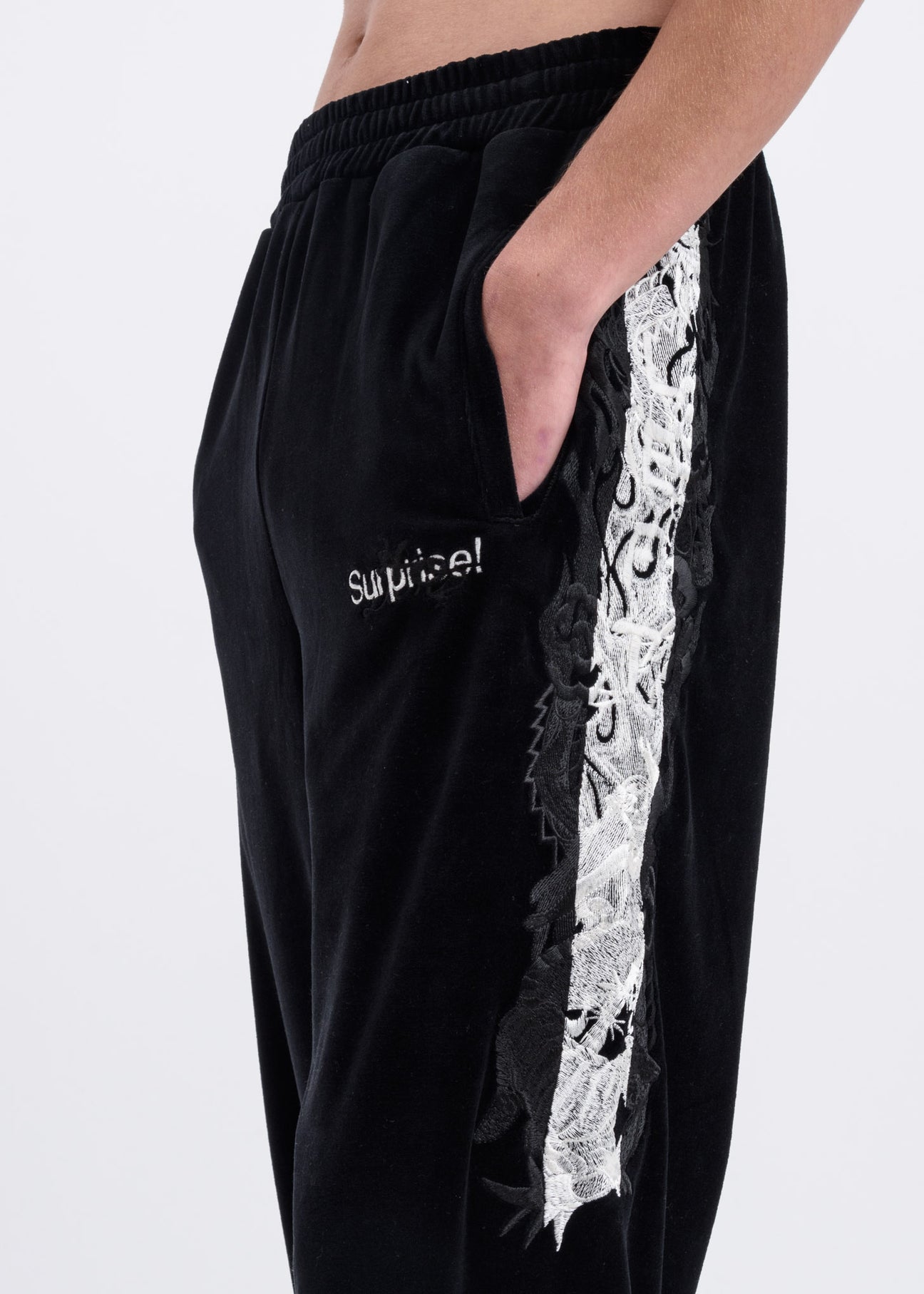 Black Lined Chaos Embroidery Track Pants – 017 Shop